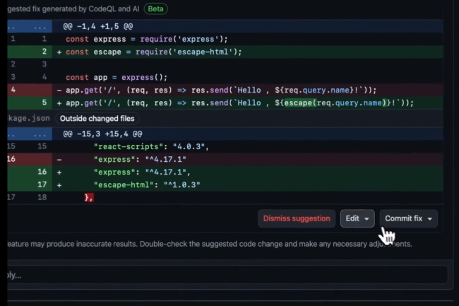 GitHub propose en version beta publique une fonction de dtection et de suggestion de remdiation des failles dans le code. (Crdit Photo : GitHub) 