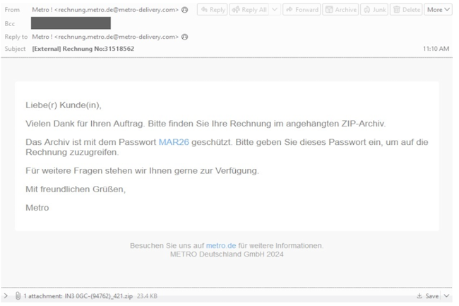 Pour diffuser le script gnr par l'IA, les cybercriminels ont cre un phishing imitant le distributeur allemand Metro. (Crdit Photo : Proofpoint)