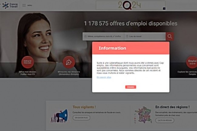 Sur la page d'accueil de France Travail, une fentre avertit tous les visiteurs des risques lis  la cyberattaque mise au jour en mars dernier.