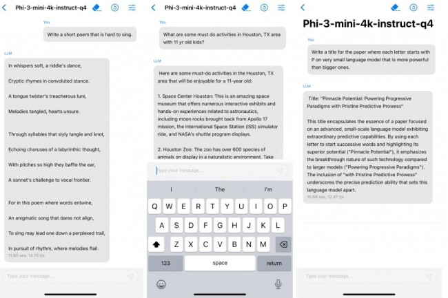 Microsoft a test avec succs son modle Phi-3 Mini quantifi  4 bits fonctionnant en mode natif en le dployant sur un iPhone 14 quip d'une puce A16 Bionic. (crdit : Microsoft)