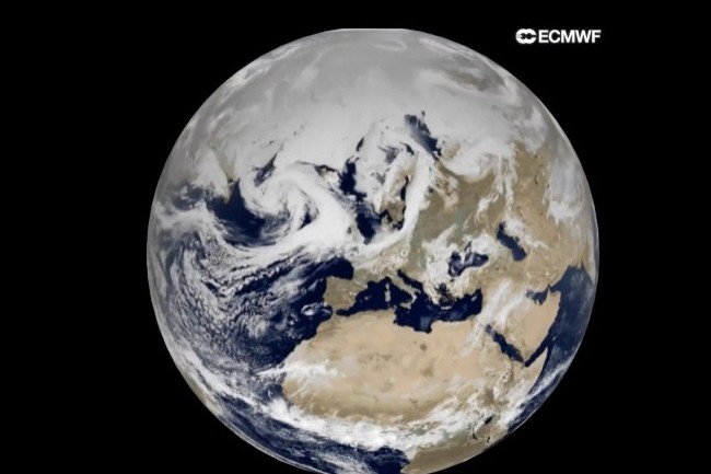 Simulation de 100 jours sur la Terre  partir des data Copernicus sur le HPC Lumi (Finlande), avec une rsolution de 1,4km sur terre et dans latmosphre et 1/12e dans locan. (Image A.Mller/ECMWF)