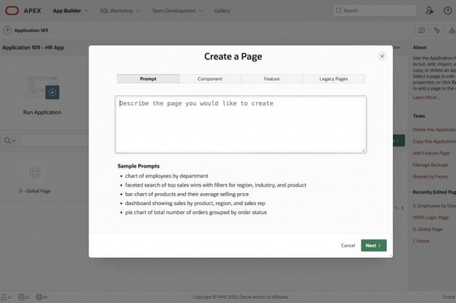 L'assistant d'IA gnrative intgr  Apex peut servir  concevoir lbauche complte dune application. (Crdit Oracle)