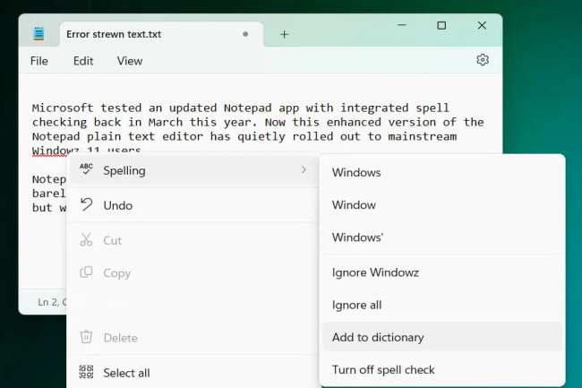 Aprs 41 ans d'existence, le bloc-note de Windows embarque un correcteur orthographique. (Crdit Photo : Microsoft)