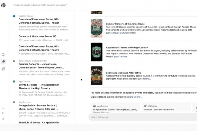 Affichage des rsultats dans SearchGPT  la requte  festivals de musique  boone caroline du nord en aot . (crdit : OpenAI)