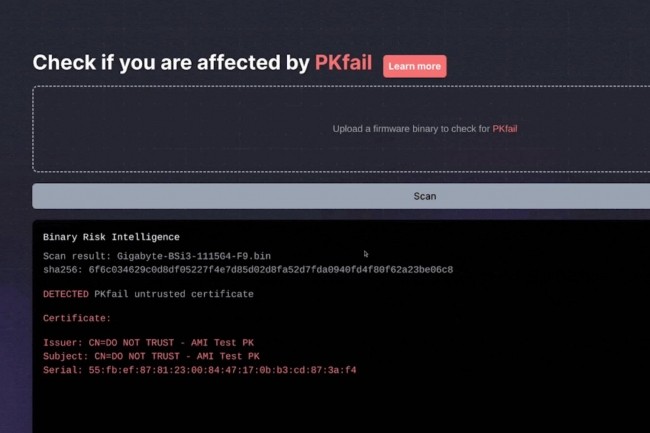 Binarly propose un scanner en ligne pour savoir si le firmware de la carte-mre d'un systme informatique est vulnrable  la faille PKfail. (crdit : Binarly)