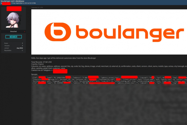 Un pirate prtend vendre une base de donnes contenant des millions d'enregistrements dont des adresses mails et des numros de tlphone de clients Boulanger au moment o ce dernier a fait l'objet d'une fuite de donnes de livrason. (crdit : D.R.)