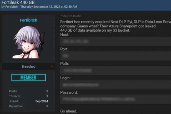 Un certain Fortibitch revendique le vol de 440 Gb de donnes Fortinet sur un de ses serveurs Sharepoint Azure. (crdit : D.R.)