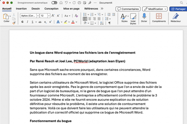 Un bug dans Word supprime les fichiers lors de l'enregistrement