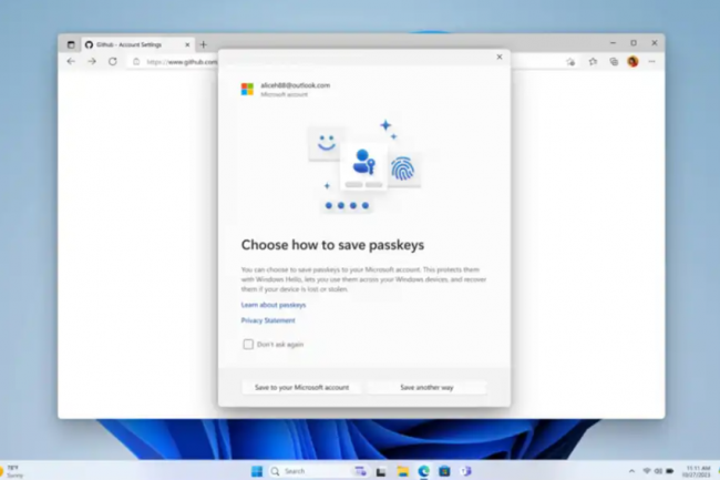 Projet d'interface utilisateur montrant une page GitHub ouverte sur le navigateur Edge avec une fentre pop-up invitant l'utilisateur  choisir comment sauvegarder ses passkeys, protgs par Windows Hello, avec comme options  Sauvegarder sur votre compte Microsoft  et  Sauvegarder d'une autre manire . crdit : Microsoft