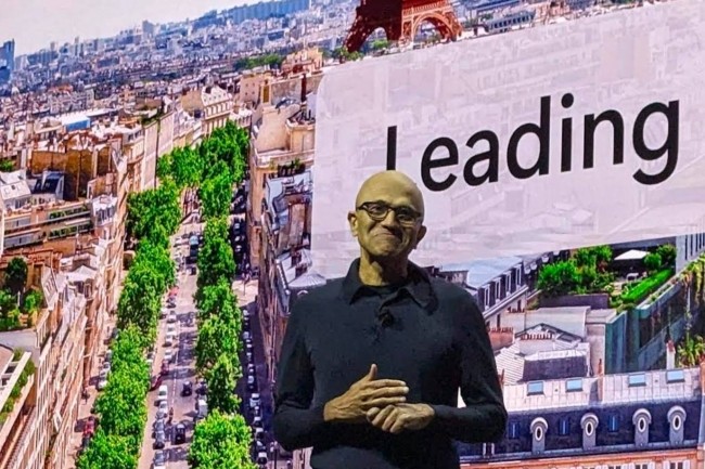 Satya Nadelle, le CEO de Microsoft, peut garder le sourire : sa rmunration en 2024 a progress de 63 % sur un an  79,1 M$. (crdit : D.F.)