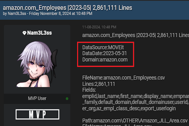 Un dnomm Lam3L3ss revendique le vol de donnes des employs d'Amazon sur un forum. (Crdit Photo: Hudson Rock)