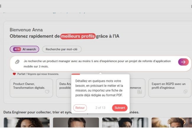 AI Search guide les services RH dans la cration de leur fiche de poste et la prslection des meilleurs freelances pour un projet.(Crdit: Malt) 