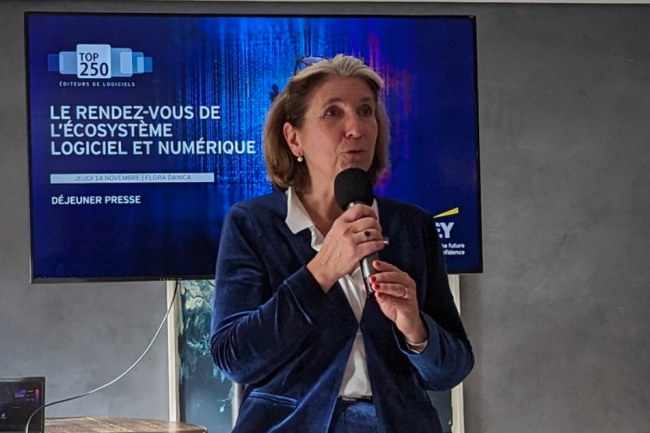 Isabelle Zablit-Schmitz dlgue gnrale adjointe de Numeum a introduit lors d'un point presse le dernier panorama Top 250 des diteurs de logiciels Franais portant sur l'anne 2023. (crdit : D.F.) 