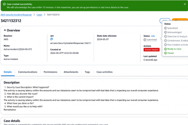 Le monitoring des incidents de scurit dans la console du service de rponse  incident de scurit d'AWS. (crdit : AWS)