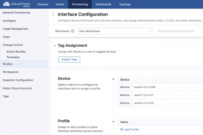 Il est possible de configurer une interface appartenant  un appareil individuel ou de configurer un profil d'interface. (Crdit Arista)