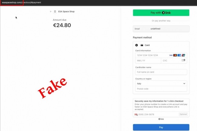 Fausse page de paiement de la boutique en ligne de l'agence spatiale europenne. (crdit : Source Defense)