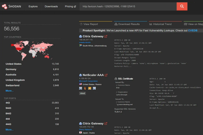 En scrutant Shodan, on constate que plusieurs milliers de passerelle ou d'ADC Citrix sont vulnrables  la faille Bleed 2. (Crdit Photo: Kevin Beaumont)