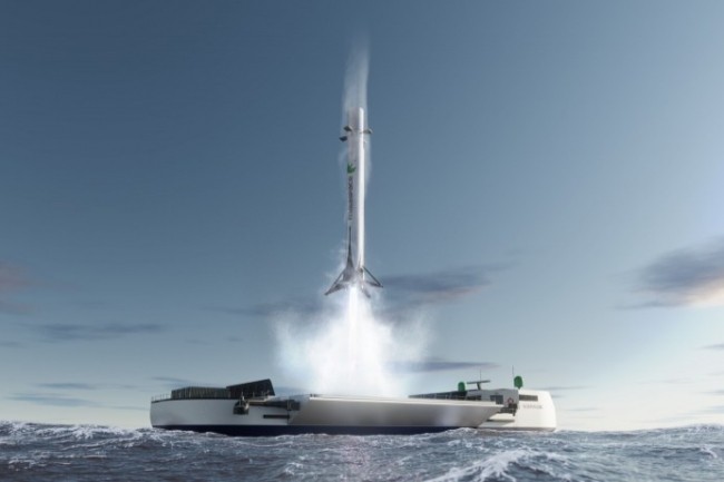 Le premier tage du futur lanceur de Maiaspace sera rcupr sur une plateforme en mer. (Image de synthse Maiaspace)