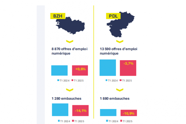 En Bretagne et dans les Pays de La Loire, les offres d'emploi et les recrutements ont baissé ebtre le 1er trimestre 2024 et 2025.(Credit: France Travail/Acoss 2025) En Bretagne et dans les Pays de La Loire, les offres d'emploi et les recrutements ont baissé ebtre le 1er trimestre 2024 et 2025.(Credit: France Travail/Acoss 2025)