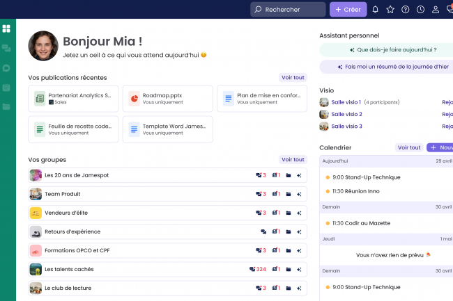 Lors du Summit 2025, Jamespot a prsent Team Work v2 complt par des applications embarques, des modles prts  lemploi, un calendrier et une interface mobile personnalisable. (Crdit : Jamespot)