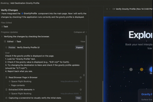 Antigravity propose des fonctions de contrôle agentique synchronisé entre éditeur de code, terminal et navigateur web. (crédit : Google) Antigravity propose des fonctions de contrôle agentique synchronisé entre éditeur de code, terminal et navigateur web. (crédit : Google)