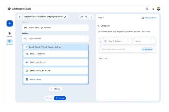 Workpsace Studio accompagne pas  pas les utilisateurs dans la cration d'un agent IA. (Crdit Google)