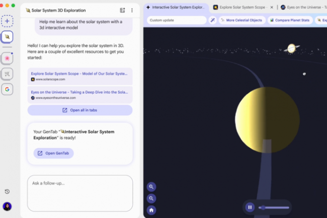 Le navigateur expérimental Disco de Google embarque une fonction GenTabs basée sur Gemini 3 pour créer des web apps à l'aide de prompts. (crédit : Google) Le navigateur expérimental Disco de Google embarque une fonction GenTabs basée sur Gemini 3 pour créer des web apps à l'aide de prompts. (crédit : Google)