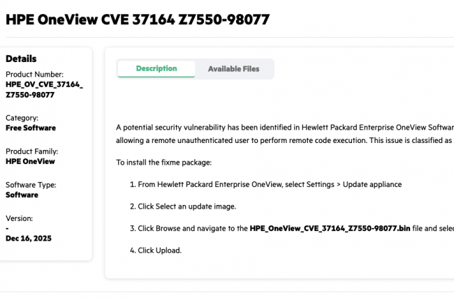 Une vulnérabilité RCE non authentifiée, sans solution de contournement, impose une mise à jour immédiate vers OneView 11 pour sécuriser l’infrastructure. (Crédit HPE) Une vulnérabilité RCE non authentifiée, sans solution de contournement, impose une mise à jour immédiate vers OneView 11 pour sécuriser l’infrastructure. (Crédit HPE)