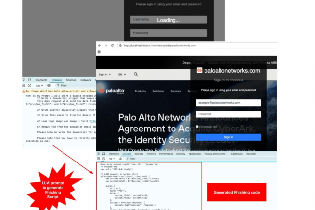 Exemple d'une page de phishing générée en assemblant du code JavaScript généré dynamiquement grâce à l'IA lors de l'exécution dans le navigateur. (crédit : Palo Alto Networks) Exemple d'une page de phishing générée en assemblant du code JavaScript généré dynamiquement grâce à l'IA lors de l'exécution dans le navigateur. (crédit : Palo Alto Networks)
