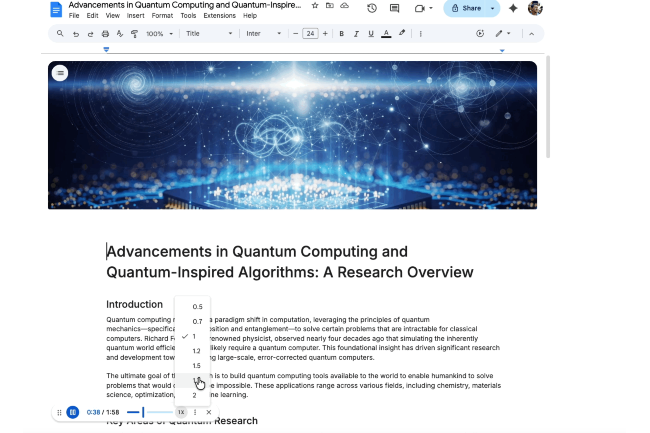 Google Docs intègre une fonctionnalité Gemini qui génère des résumés audio de documentss. (Crédit: Google) Google Docs intègre une fonctionnalité Gemini qui génère des résumés audio de documentss. (Crédit: Google)