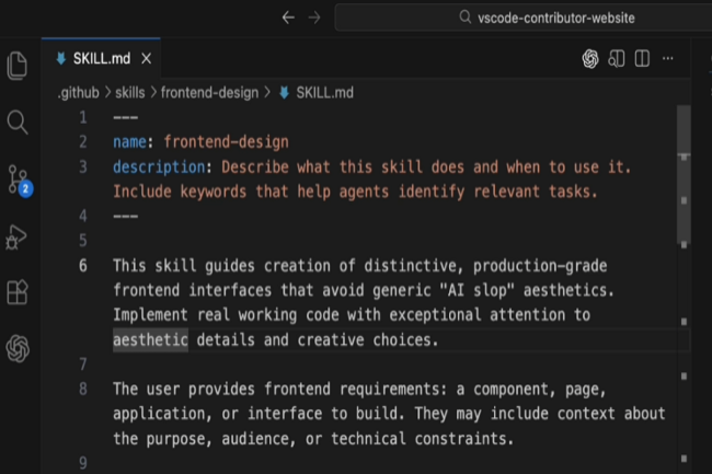 Dans la dernière version de VS Code, Microsoft teste des plugins pour agents regroupant plusieurs fonctionnalités dont des compétences. (Crédit Microsoft) Dans la dernière version de VS Code, Microsoft teste des plugins pour agents regroupant plusieurs fonctionnalités dont des compétences. (Crédit Microsoft)
