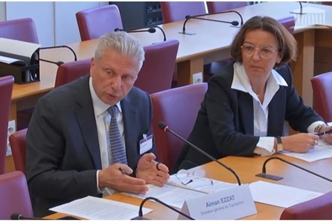 Aiman Ezzat, directeur général de Capgemini, et Karine Brunet, directrice mondiale des opérations et du delivery du groupe, lors de l'audition à l'Assemblée nationale le 26 mars. (crédit : DR) Aiman Ezzat, directeur général de Capgemini, et Karine Brunet, directrice mondiale des opérations et du delivery du groupe, lors de l'audition à l'Assemblée nationale le 26 mars. (crédit : DR)