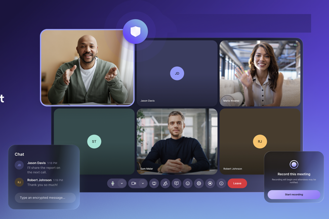 Proton lance son service de visioconférence Meet disponible en application seule ou dans le cadre de la suite Workspace. (Crédit Proton) Proton lance son service de visioconférence Meet disponible en application seule ou dans le cadre de la suite Workspace. (Crédit Proton)