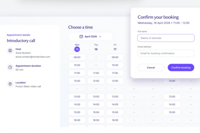 Avec la fonction de planification de rendez-vous, Proton s'immisce un peu plus au coeur de la gestion de projets des entreprises. (crédit : Proton) Avec la fonction de planification de rendez-vous, Proton s'immisce un peu plus au coeur de la gestion de projets des entreprises. (crédit : Proton)