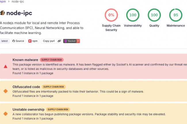 Les paquets npm sont régulièrement visés par des pirates, le dernier en date à en faire les frais est node-ipc. (crédit : Socket) Les paquets npm sont régulièrement visés par des pirates, le dernier en date à en faire les frais est node-ipc. (crédit : Socket)