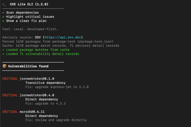 CVE Lite CLI se propose d'analyser en amont les risques liés à l'usage des dépendances dans les développements. (Crédit Owasp) CVE Lite CLI se propose d'analyser en amont les risques liés à l'usage des dépendances dans les développements. (Crédit Owasp)