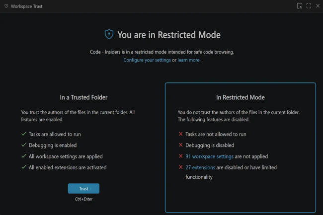 La dernière itération de Visual Studio Code intègre un mode restreint pour évaluer le code non fiable. (Crédit : Microsoft) La dernière itération de Visual Studio Code intègre un mode restreint pour évaluer le code non fiable. (Crédit : Microsoft)